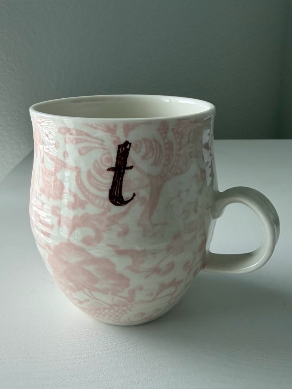 Anthropologie Homegrown Monogram Letter “T” Initial Pink Floral Mug
